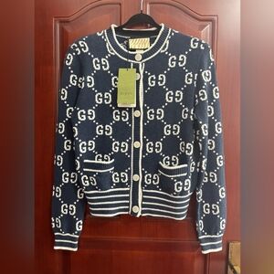 Gucci Dark Blue Monogram Jacquard Knit Cardigan
